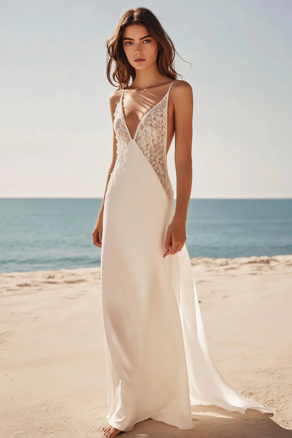 White Sheath Deep V-Neck Long Engagement Dress with Lace - JUORTHO