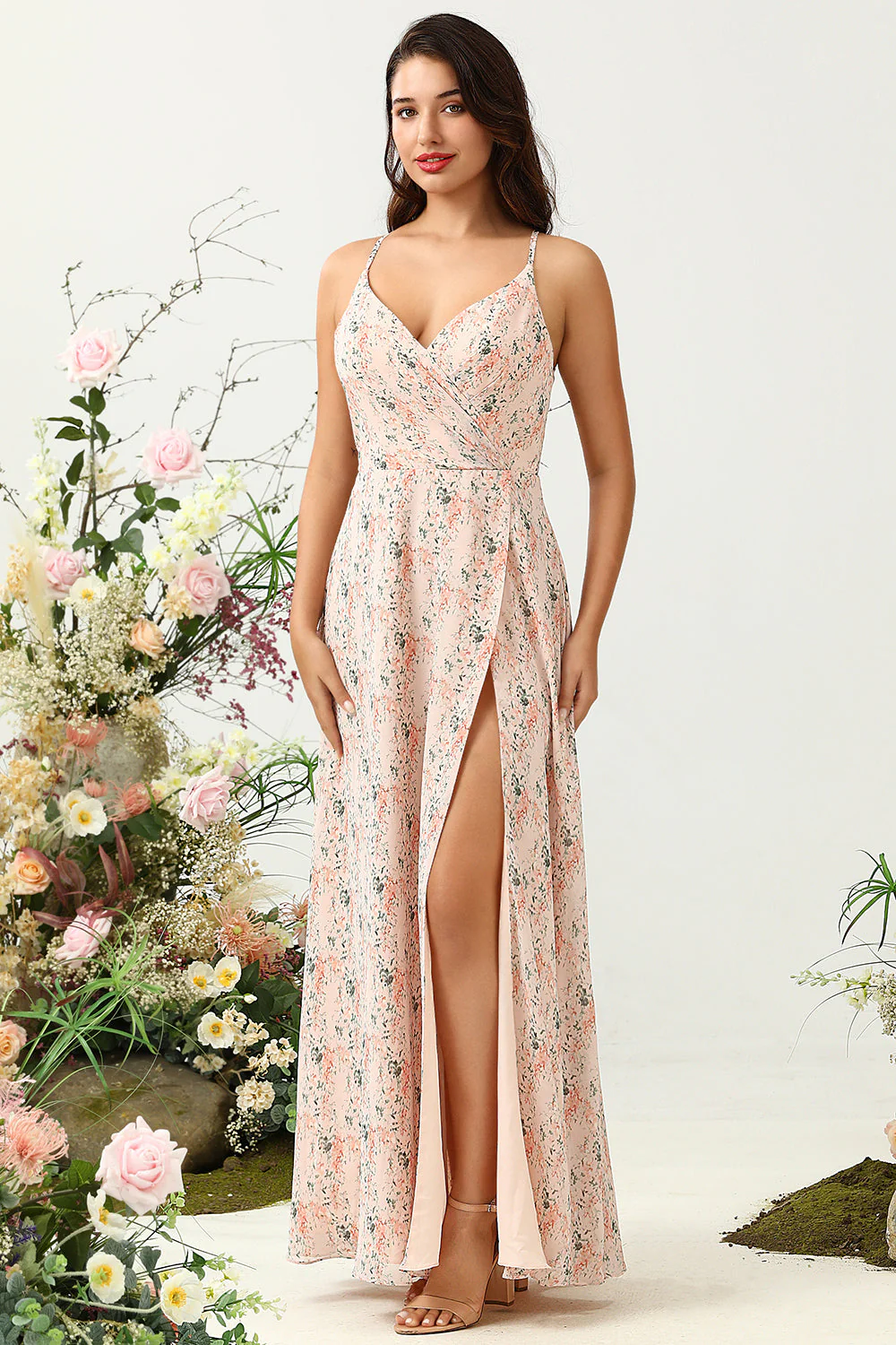 Blush Floral Chiffon Long Bridesmaid Dress with Slit - JUORTHO