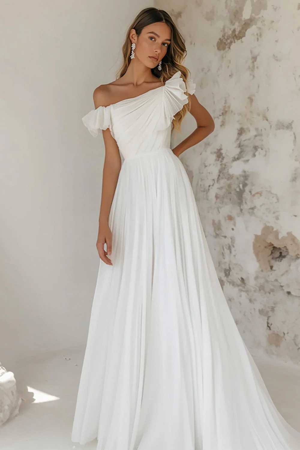 A Line Elegant White Tulle Rehearsal Dinner Dress with Ruffles - JUORTHO