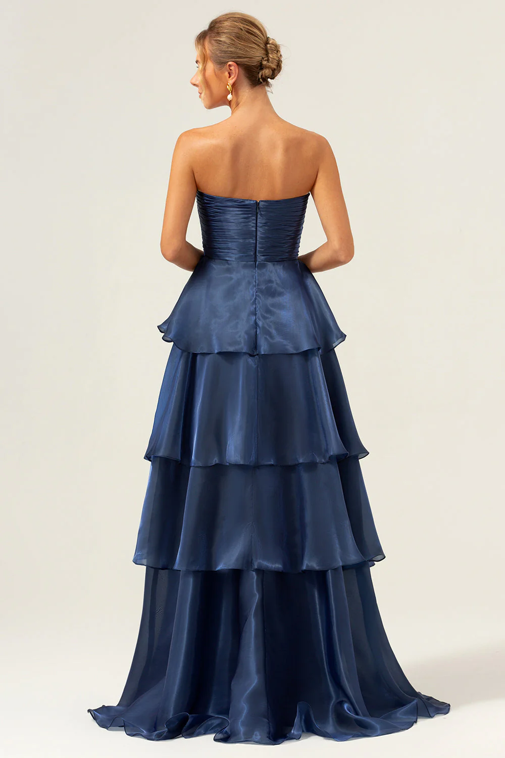 Dark Navy A Line Strapless Tiered Satin Long Bridesmaid Dress - JUORTHO
