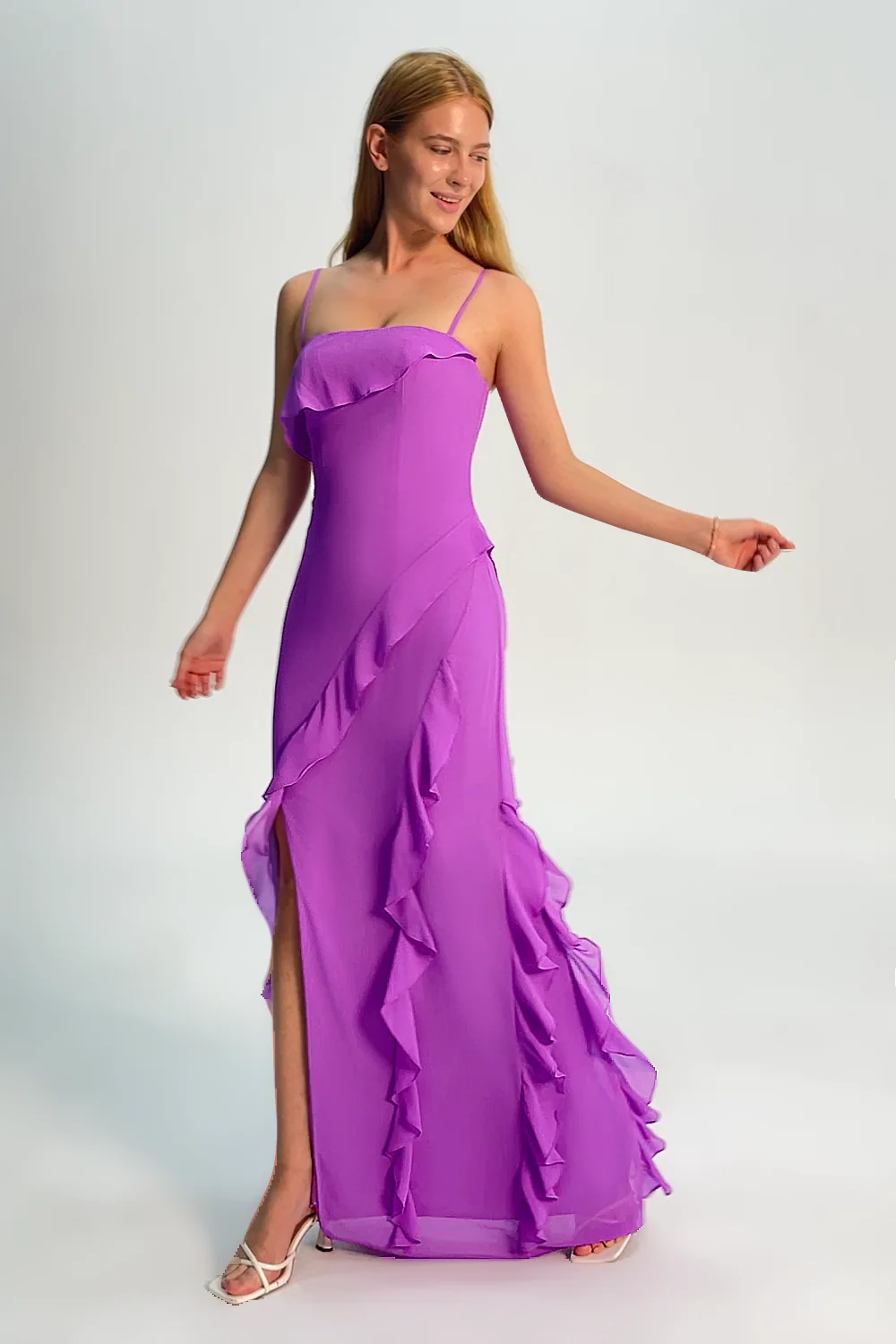 Tahiti Ruffled Spaghetti Straps Chiffon Long Bridesmaid Dress with Slit - JUORTHO