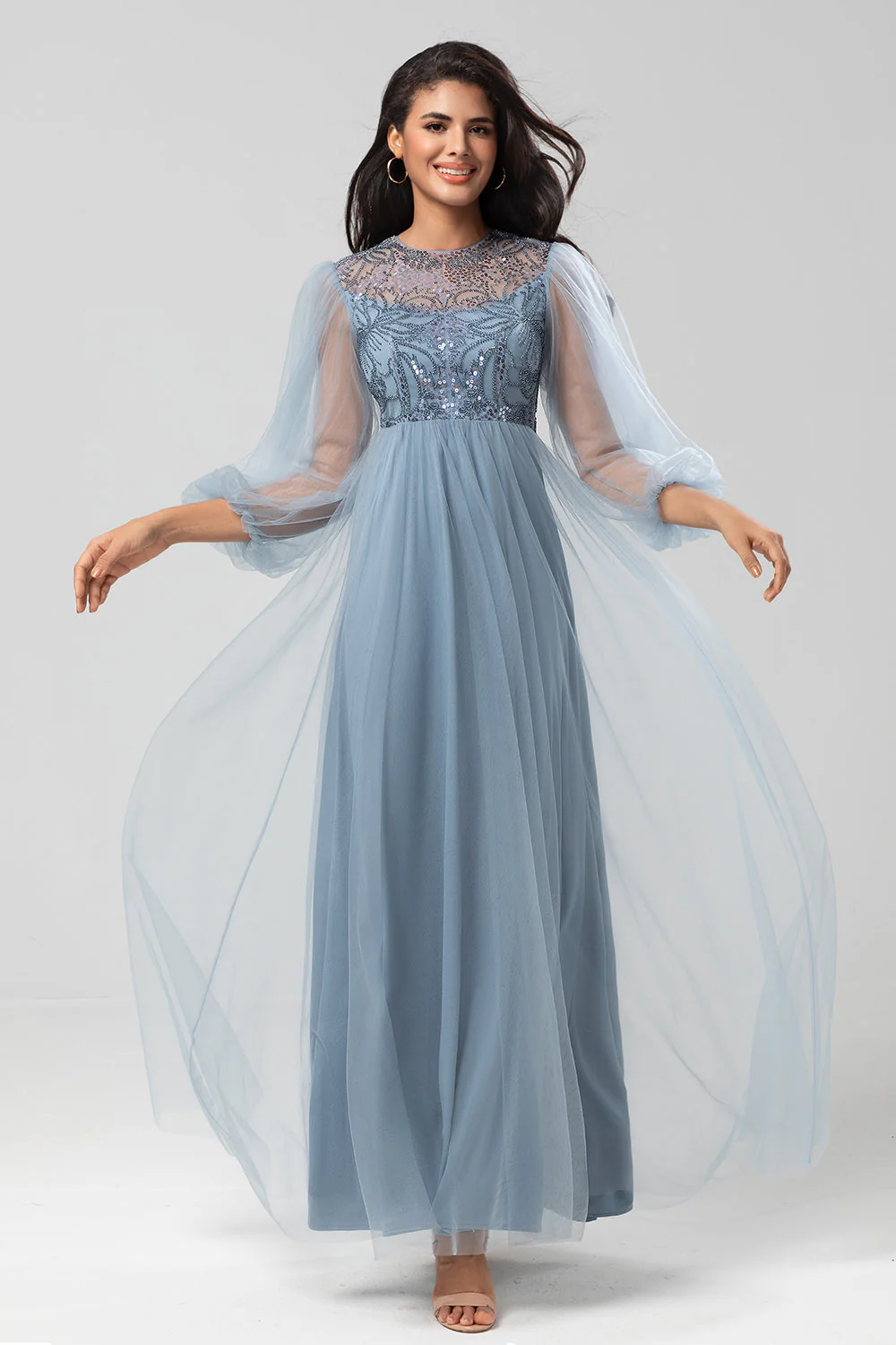 Chic Romantic A Line Jewel Neck Grey Blue Long Wedding Party Dress with Long Sleeves - JUORTHO