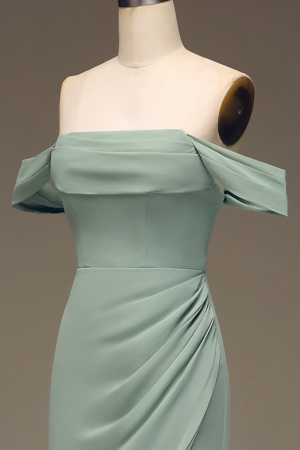 Dusty Sage Off the Shoulder Sheath Chiffon Pleated Long Bridesmaid Dress - JUORTHO