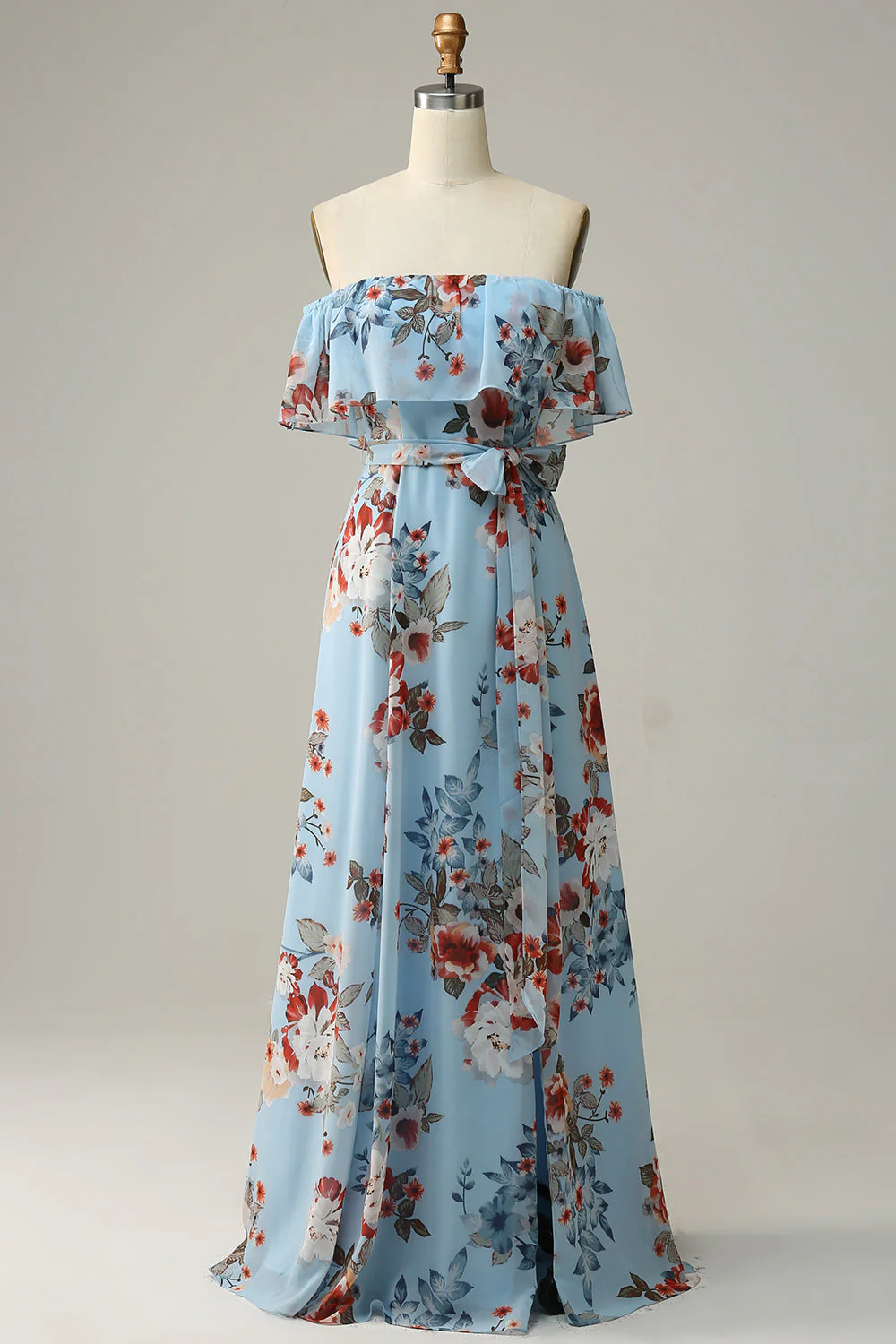 Dark Blue Floral Boho Chiffon Long Bridesmaid Dress - JUORTHO