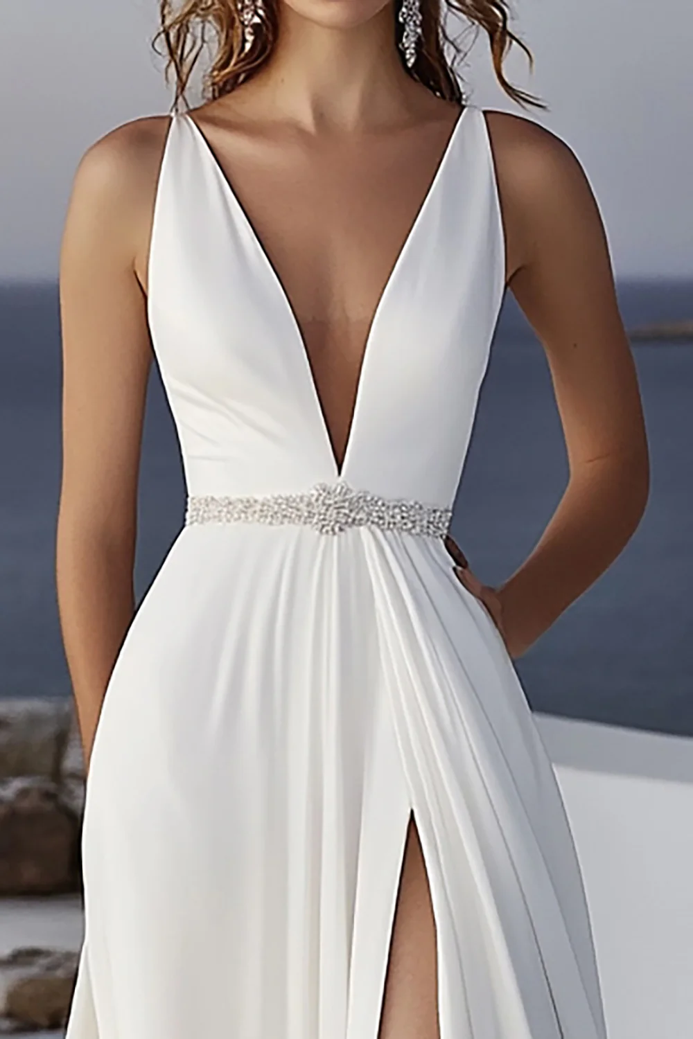 Ivory A Line Deep V-Neck Long Wedding Dress with Slit - JUORTHO