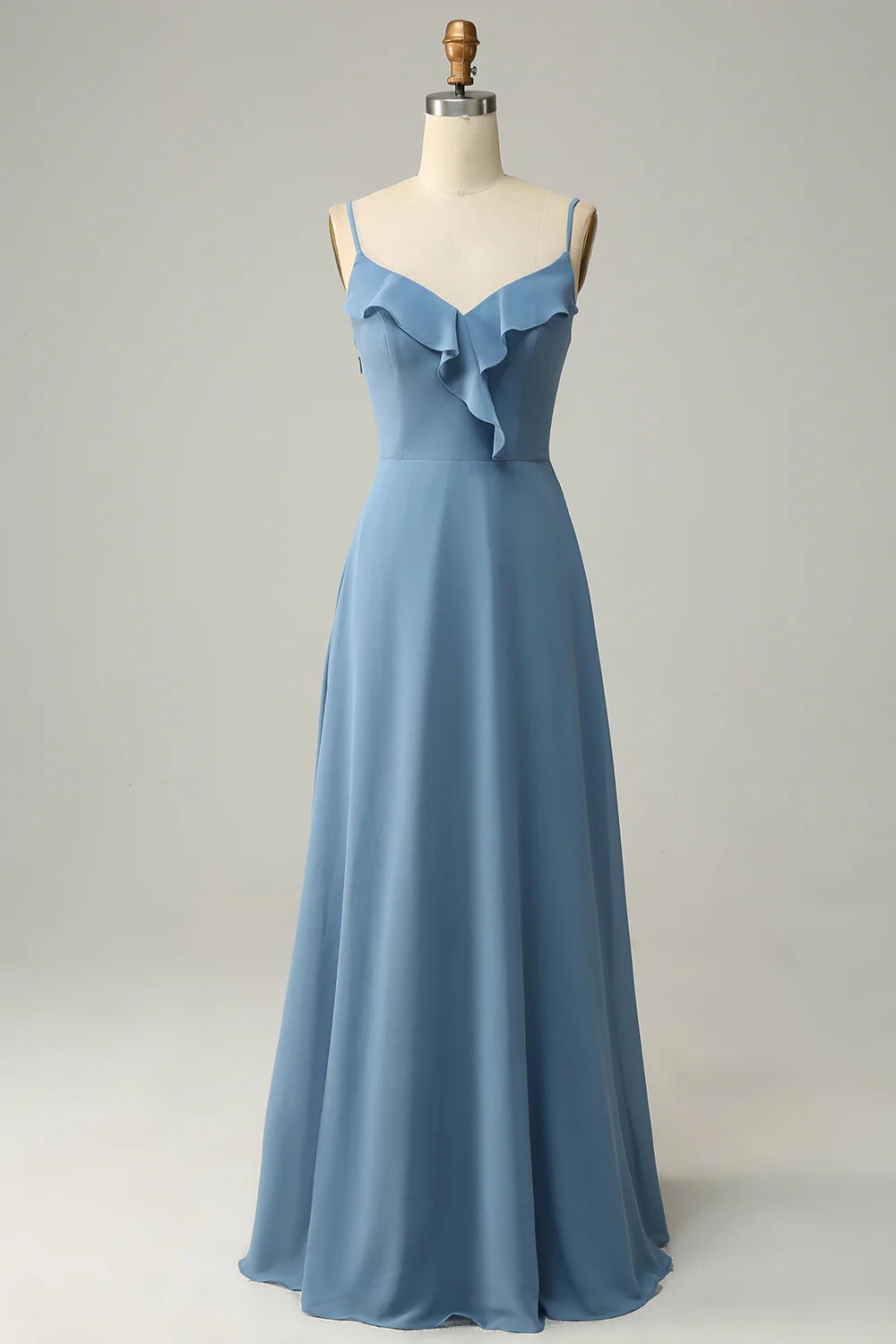 A Line Spaghetti Straps Grey Blue Long Bridesmaid Dress with Ruffles - JUORTHO