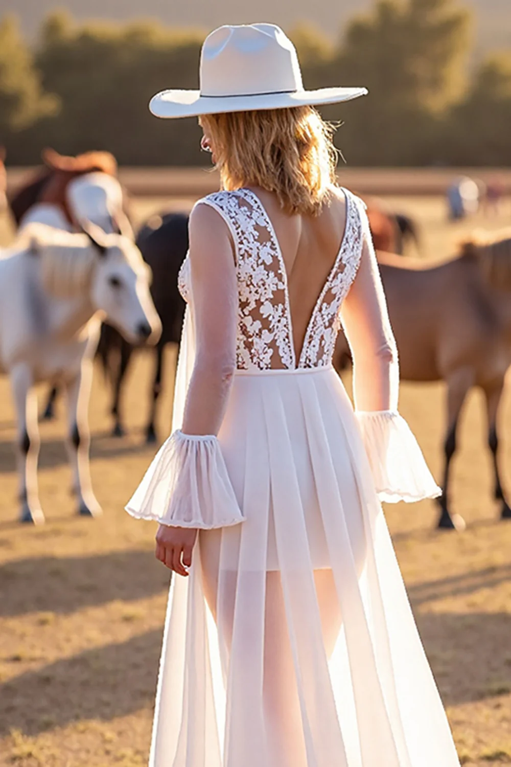White Long Sleeves Sweep Train Boho Western Wedding Dress with Lace - JUORTHO