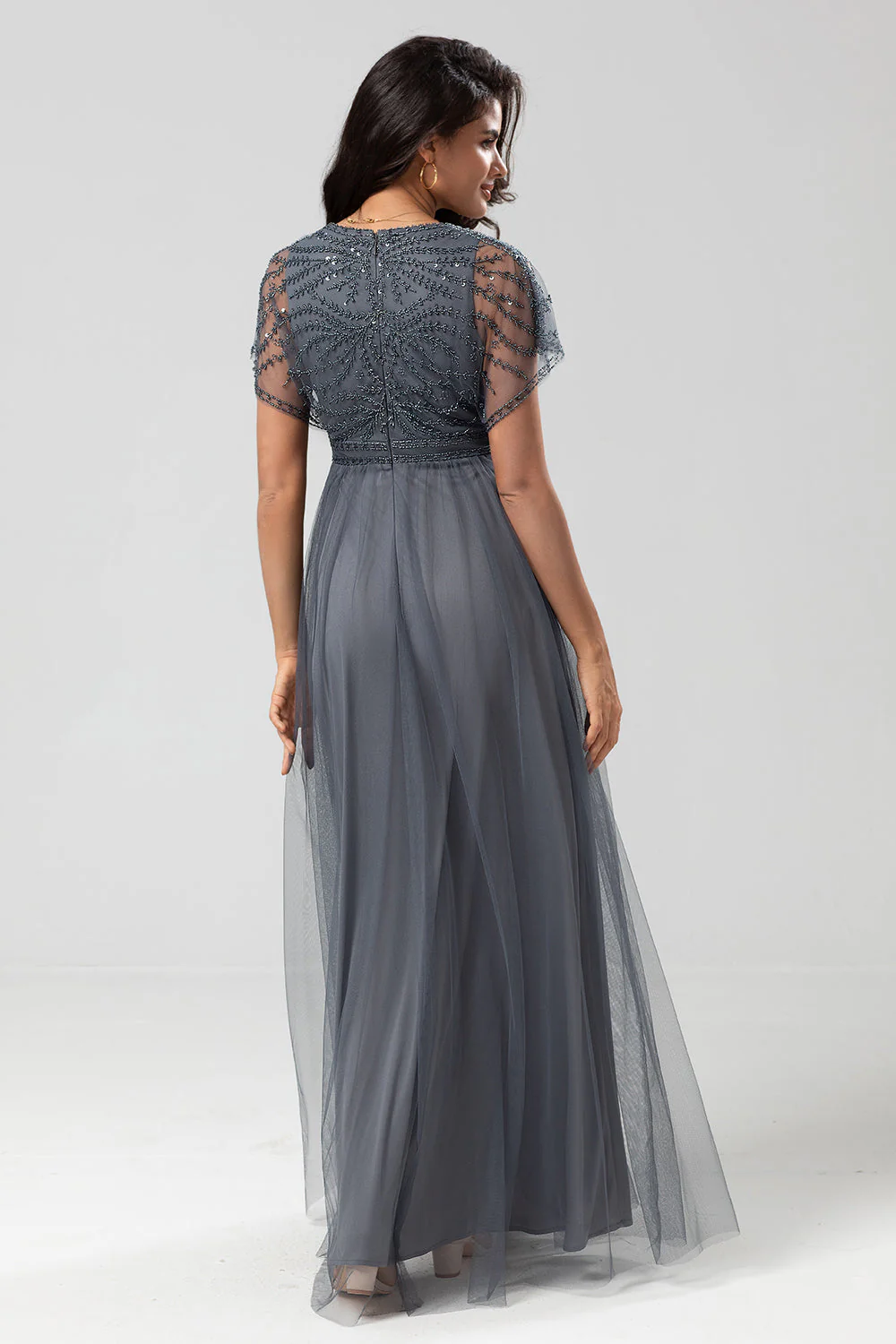 Epitome of Romance A-Line V Neck Eucalyptus Long Bridesmaid Dress with Beading - JUORTHO
