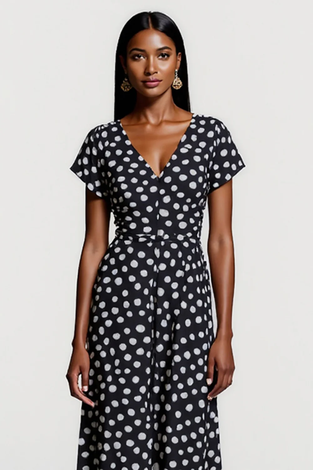 Black and White Polka Dots V-Neck Short Sleeves Maxi Work Dress - JUORTHO