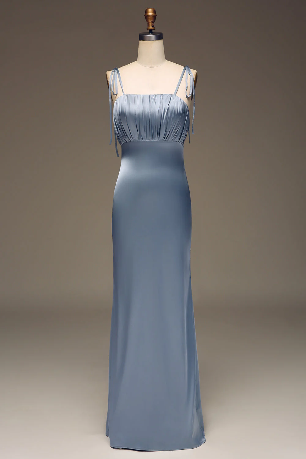 Dusty Blue Spaghetti Straps Sheath Satin Pleated Bridesmaid Dress - JUORTHO
