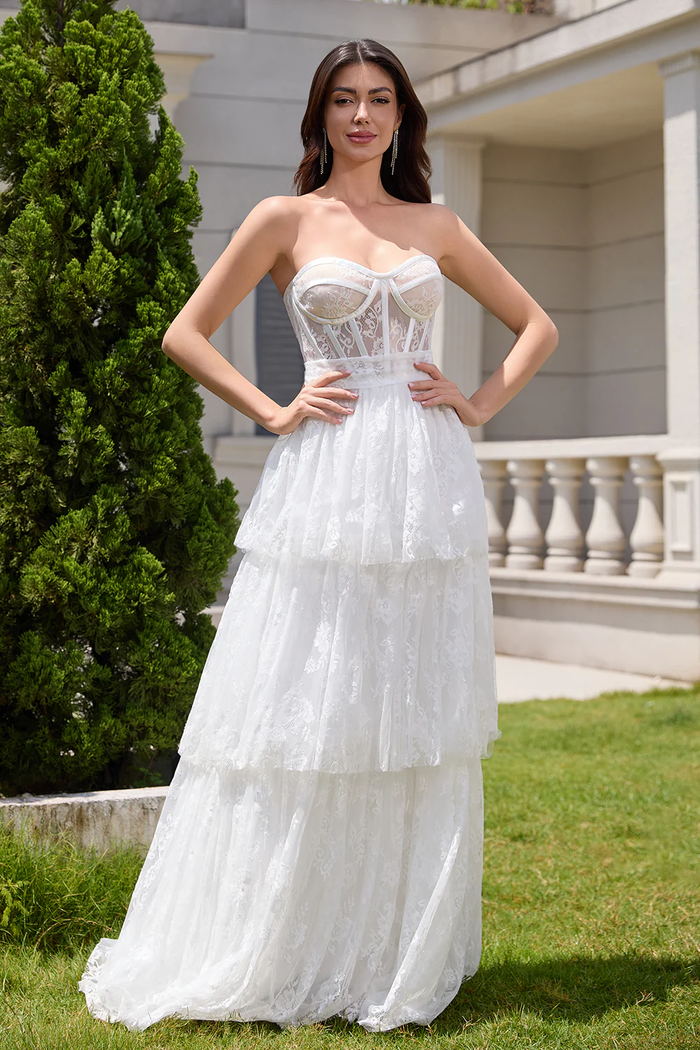 White Strapless A Line Corset Tiered Long Wedding Dress - JUORTHO