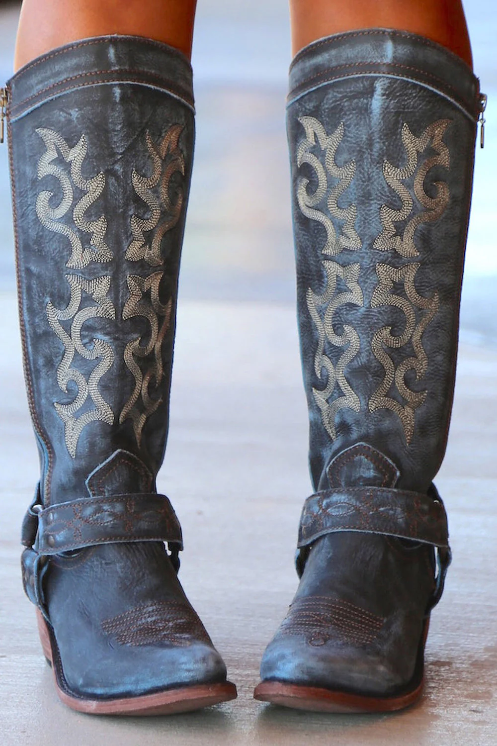 Blue Embroidered Cowgirl Boho Mid Calf Boots - JUORTHO