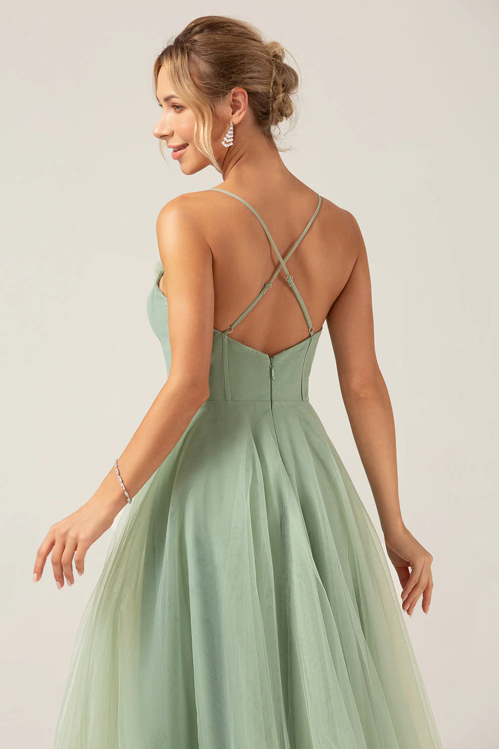 A-Line Tea-Length Corset Tulle Matcha Bridesmaid Dress - JUORTHO