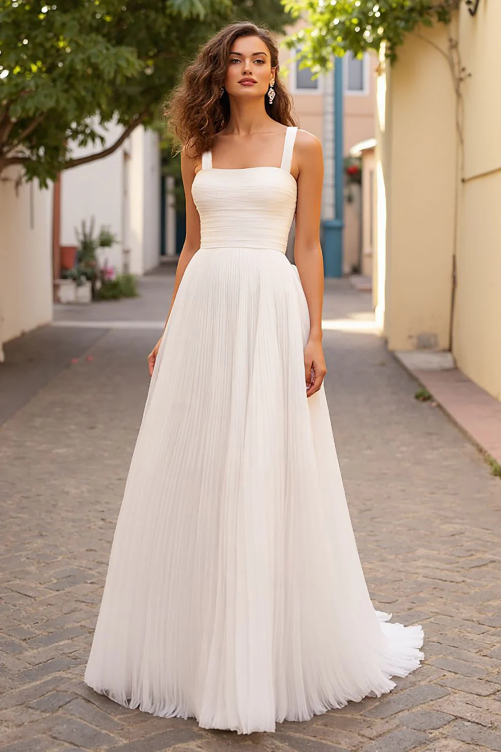 Ivory A Line Tulle Square Neck Sweep Train Wedding Dress - JUORTHO