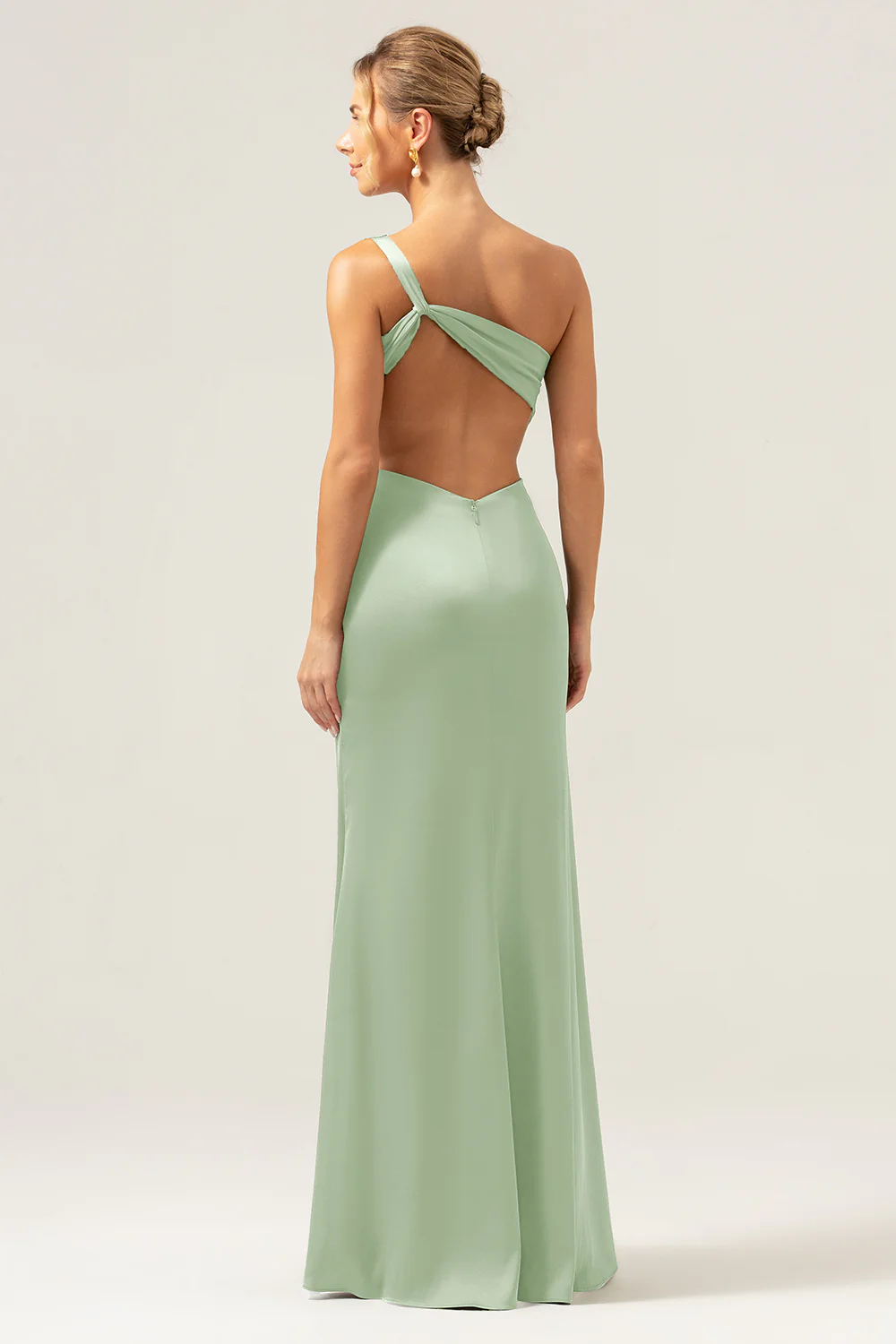 Olive One Shoulder Mermaid Satin Long Bridesmaid Dress with Slit - JUORTHO