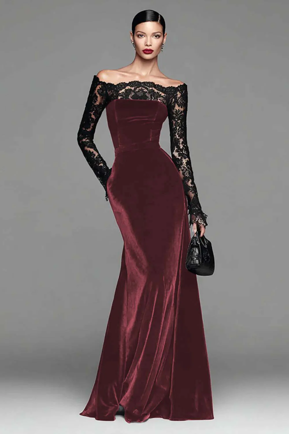 Burgundy Velvet Mermaid Long Sleeves Holiday Party Dress with Lace - JUORTHO
