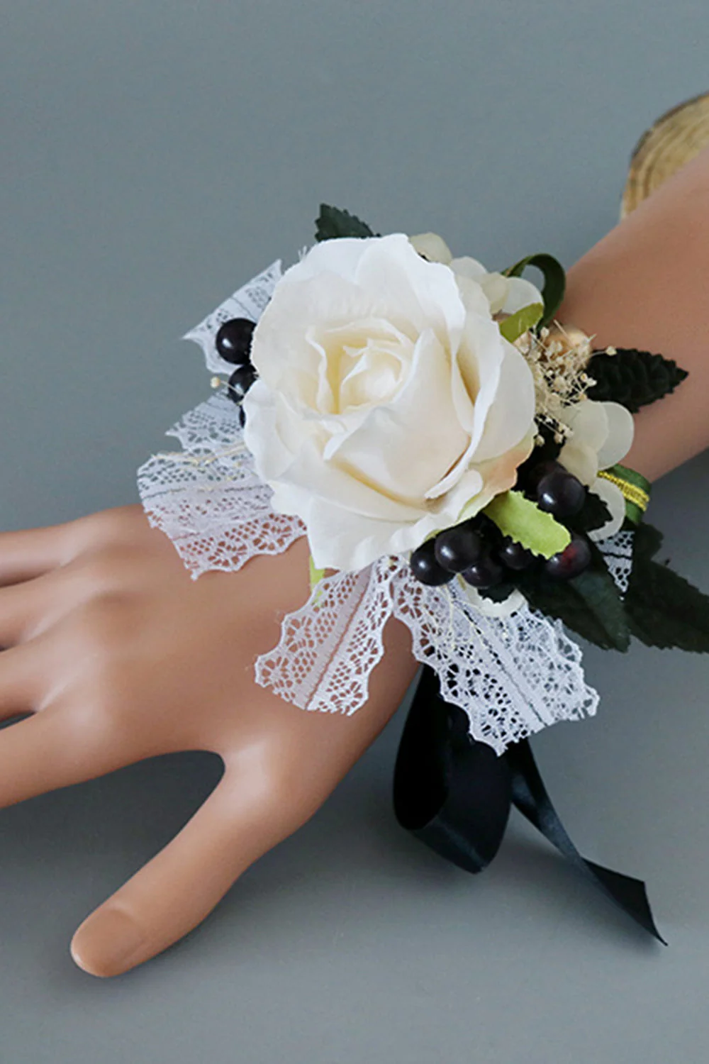 Luxury Black White Homecoming Wrist Corsage and Men's Boutonniere Set - JUORTHO