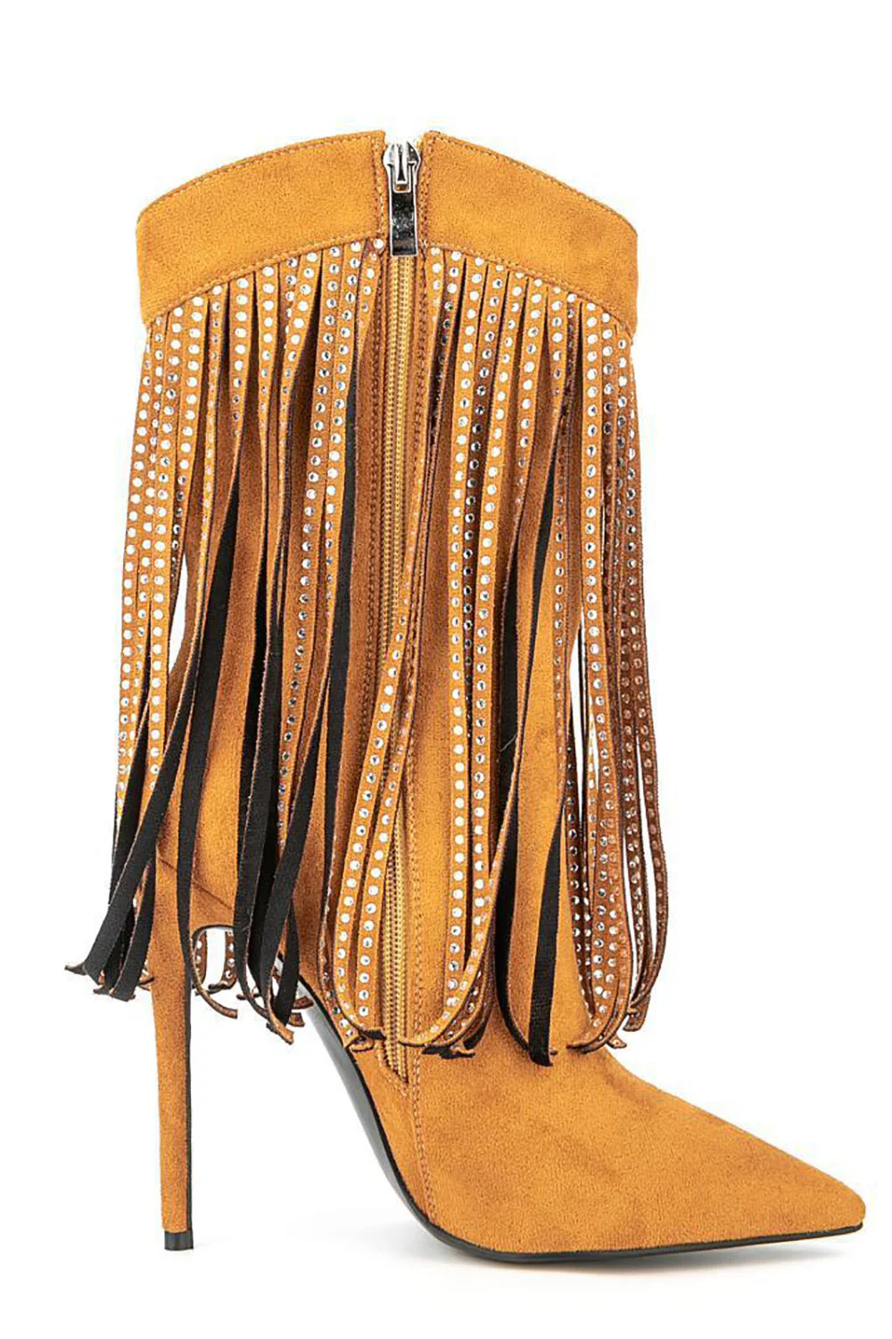 Black Suede Rhinestone Fringed Stiletto Heels Ankle Boots - JUORTHO