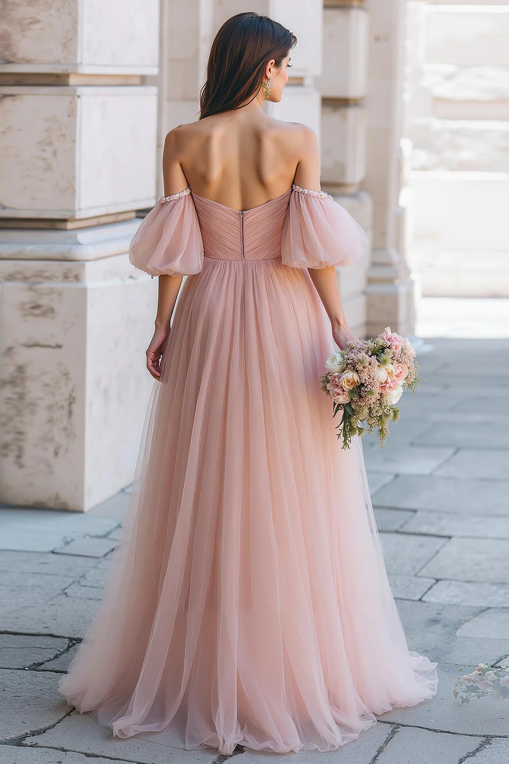Dusty Rose Off the Shoulder Tulle A-Line Long Bridesmaid Dress with Sleeves - JUORTHO
