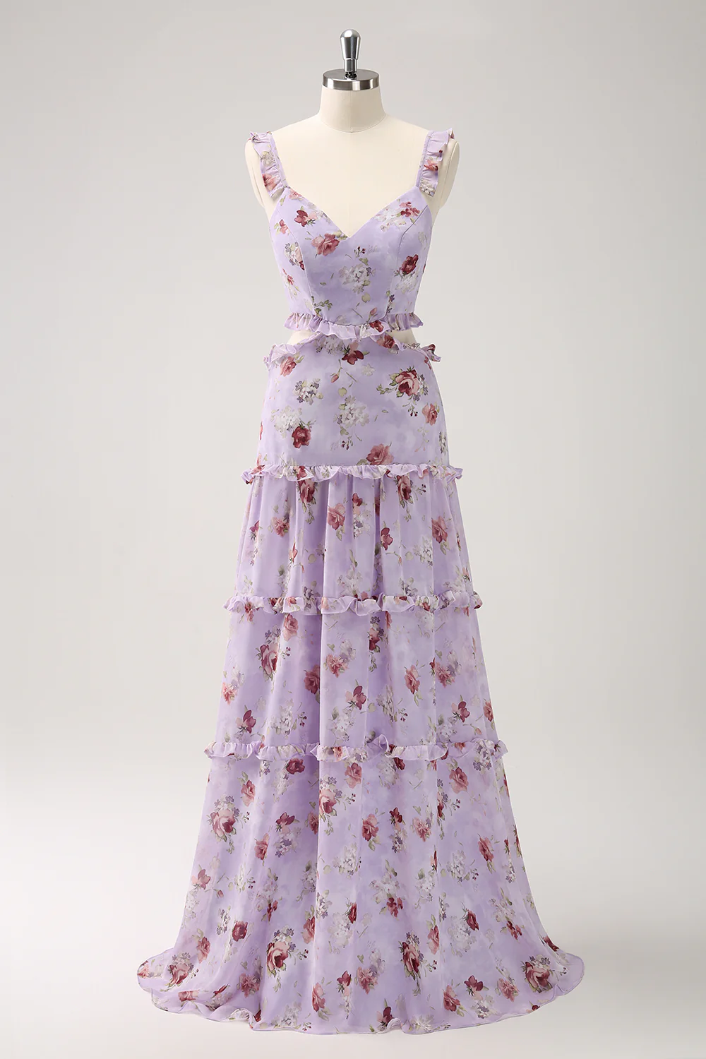 Grey Purple Floral A Line Long Bridesmaid Dress - JUORTHO