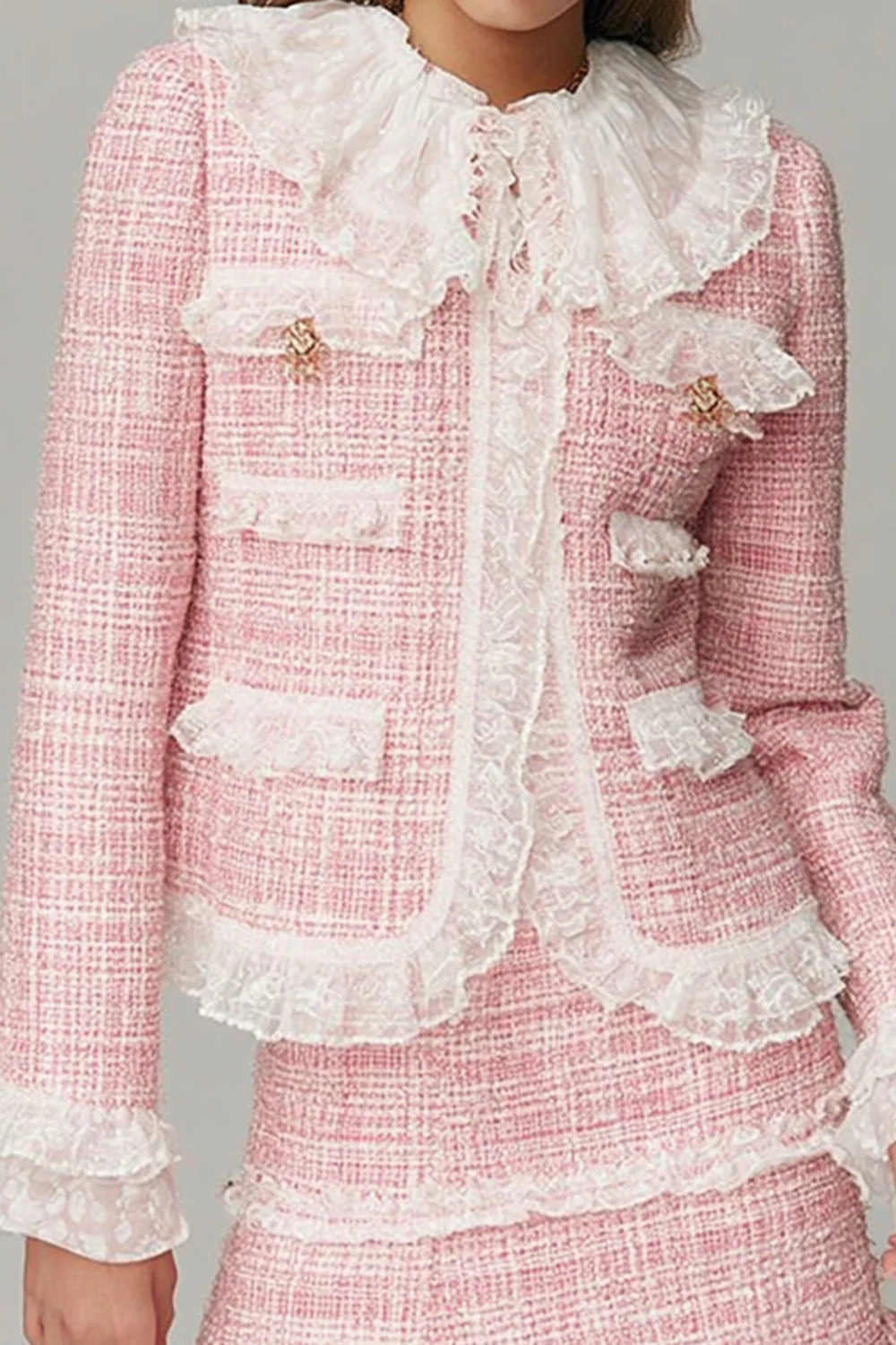 Pink Ruffled 2 Piece Tweed Blazer Short Homecoming Outfits with Lace - JUORTHO