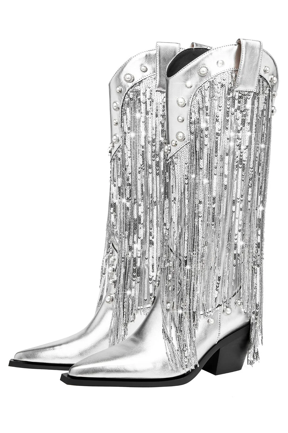 Glitter Silver Metallic Tassel Pointed Toe Cowgirl Boots with Sequins - JUORTHO