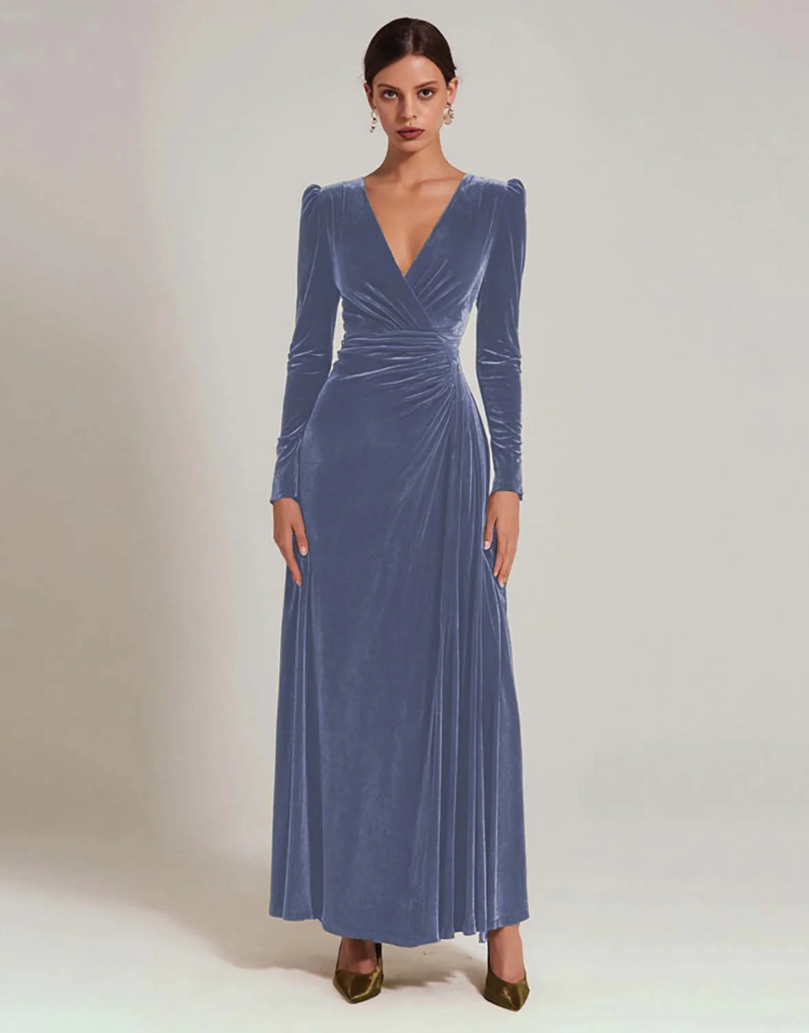Olive Velvet A Line V-Neck Long Holiday Party Dress with Sleeves - JUORTHO