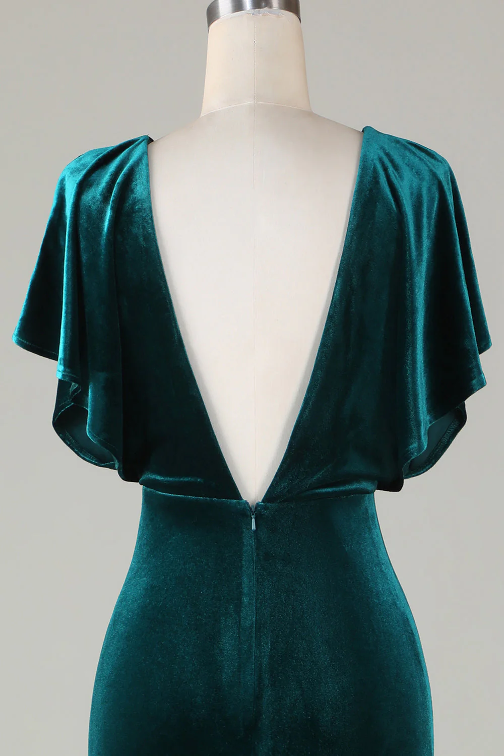 Velvet V-Neck Peacock Bridesmaid Dress with Ruffles - JUORTHO