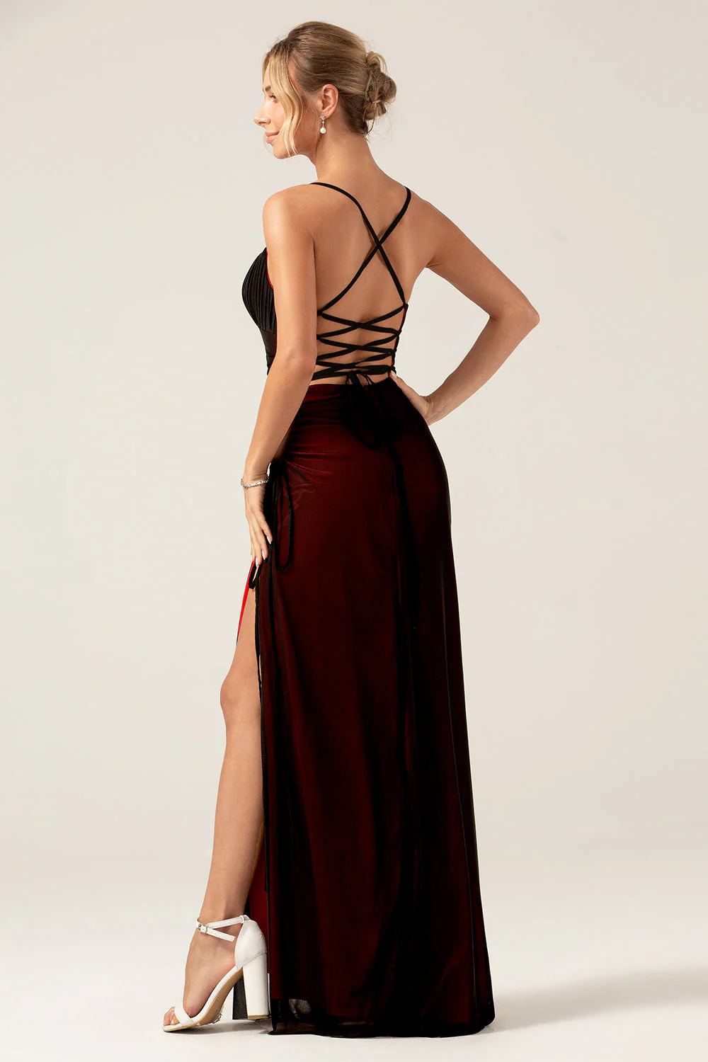 Sheath Spaghetti Straps Floor Length Black Red Bridesmaid Dress - JUORTHO
