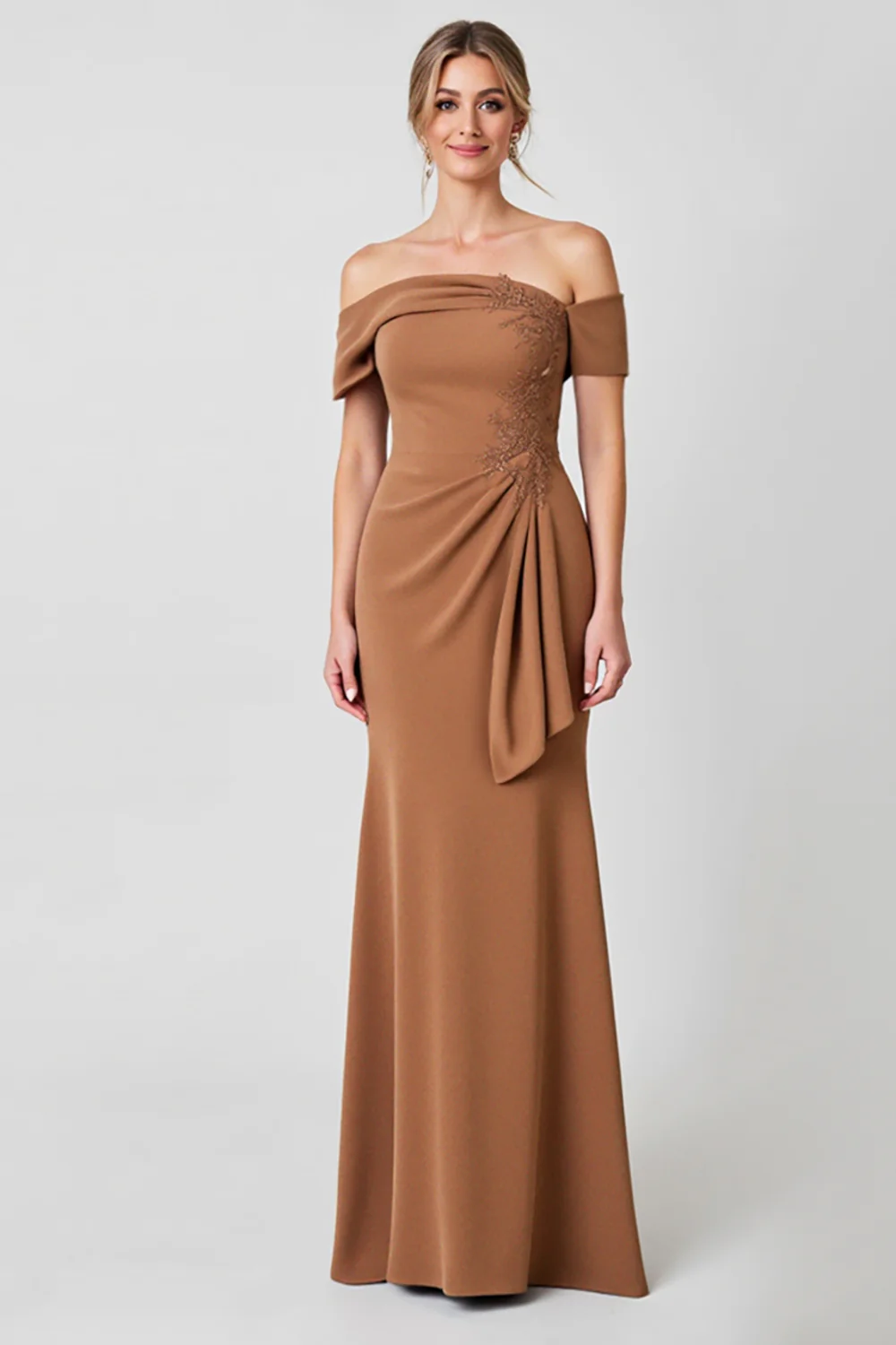 Brown Off the Shoulder Ruched Long Mother of the Bride Dress - JUORTHO