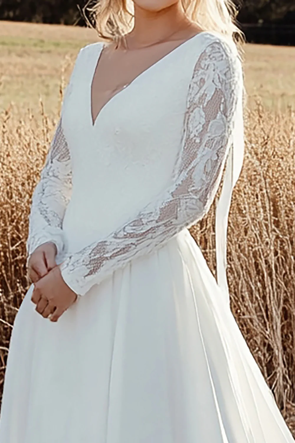 Timeless A Line V Neck Lace Long Sleeve Ivory Wedding Dress - JUORTHO