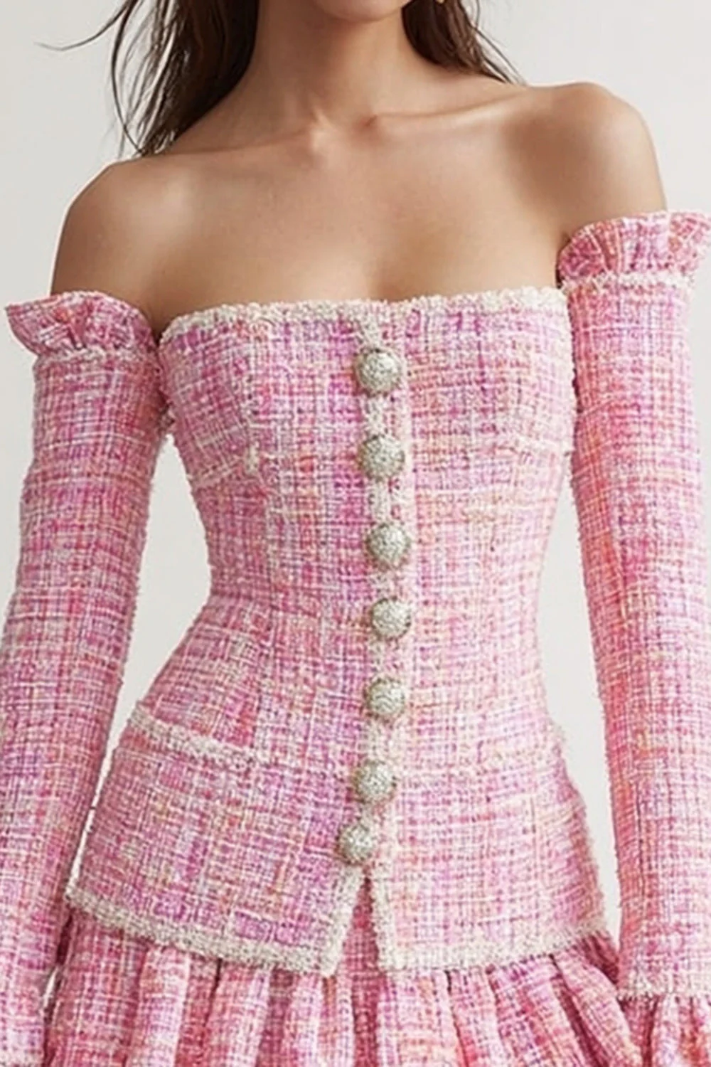 Tweed Pink 2 Piece Long Sleeves Short Blazer Homecoming Outfits with Ruffles - JUORTHO