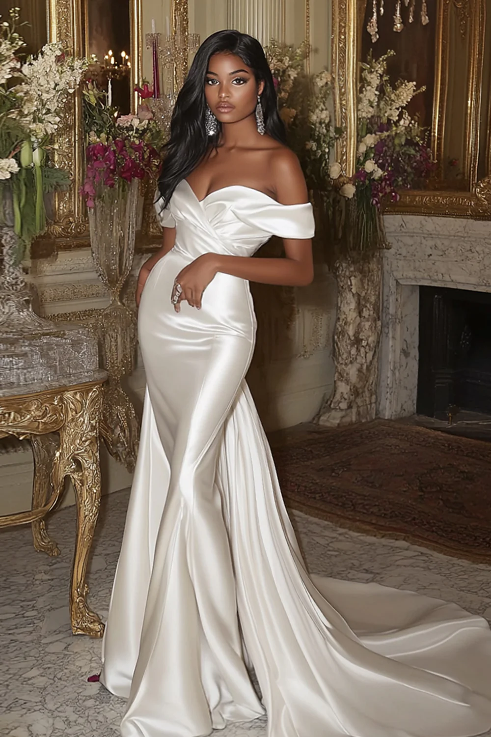 Ivory Mermaid Satin Detachable Sweep Strain Wedding Dress - JUORTHO