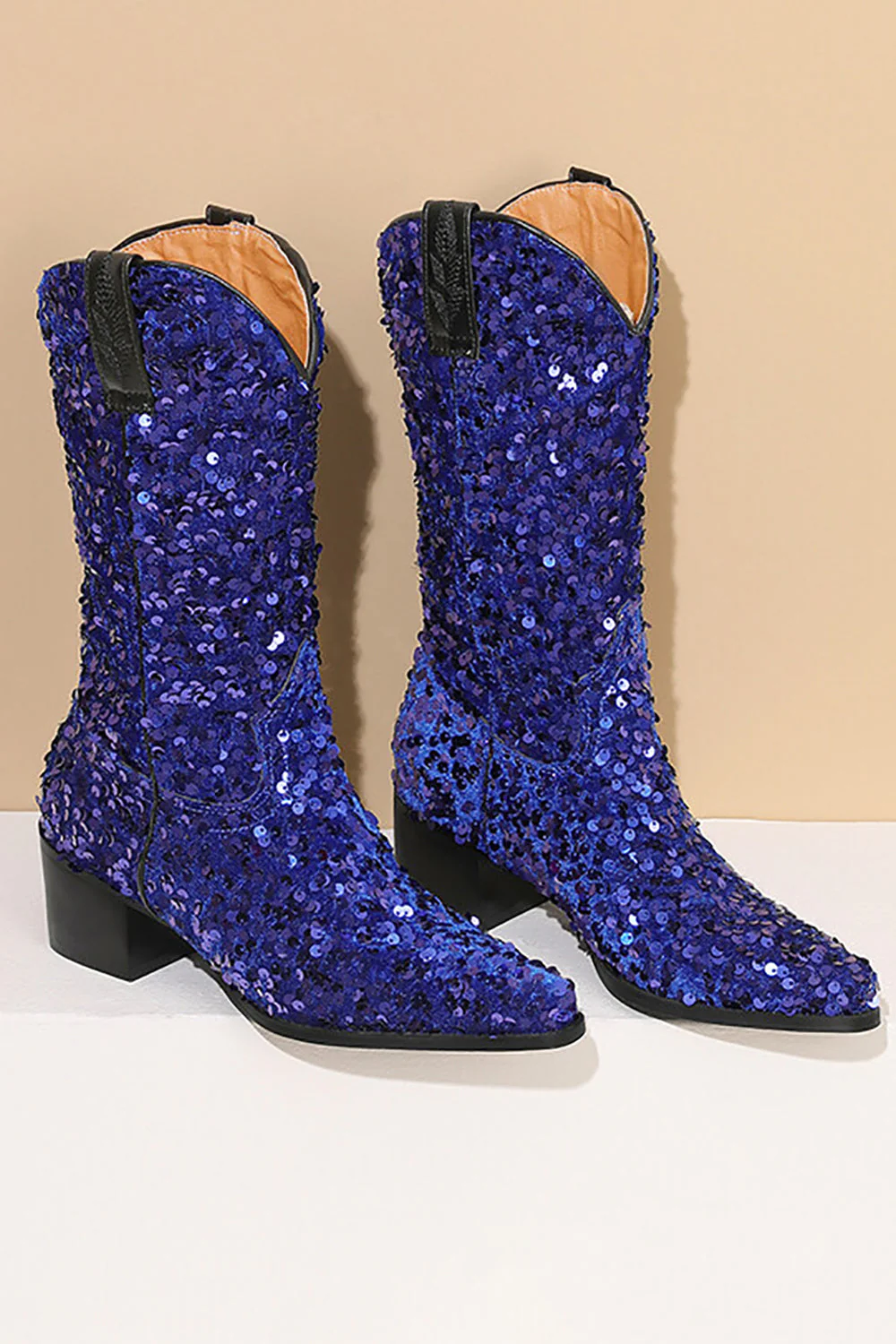 Glitter Black Mid Calf Sequins Snip Toe Chunky Heeled Boots - JUORTHO
