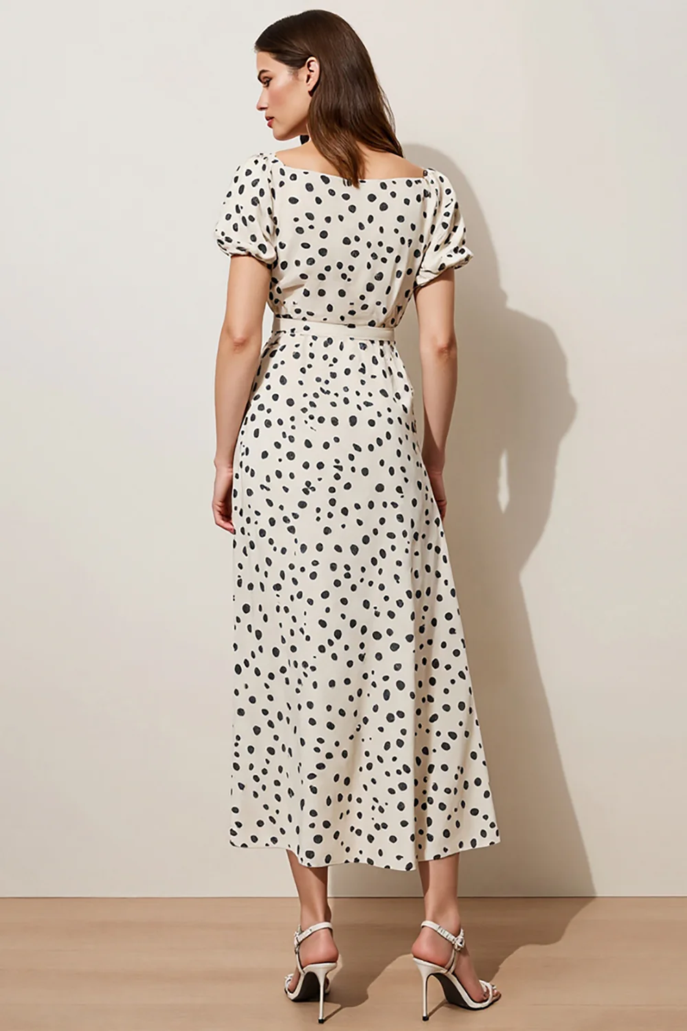 Black and White Polka Dots Short Sleeves A Line Maxi Work Dress - JUORTHO