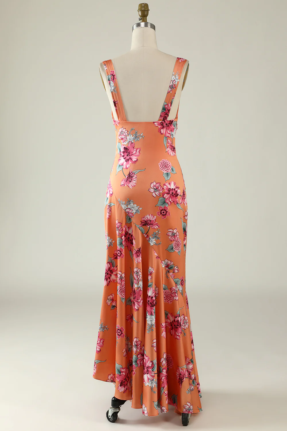 Orange Flower Printed Satin Bridesmaid Dress - JUORTHO