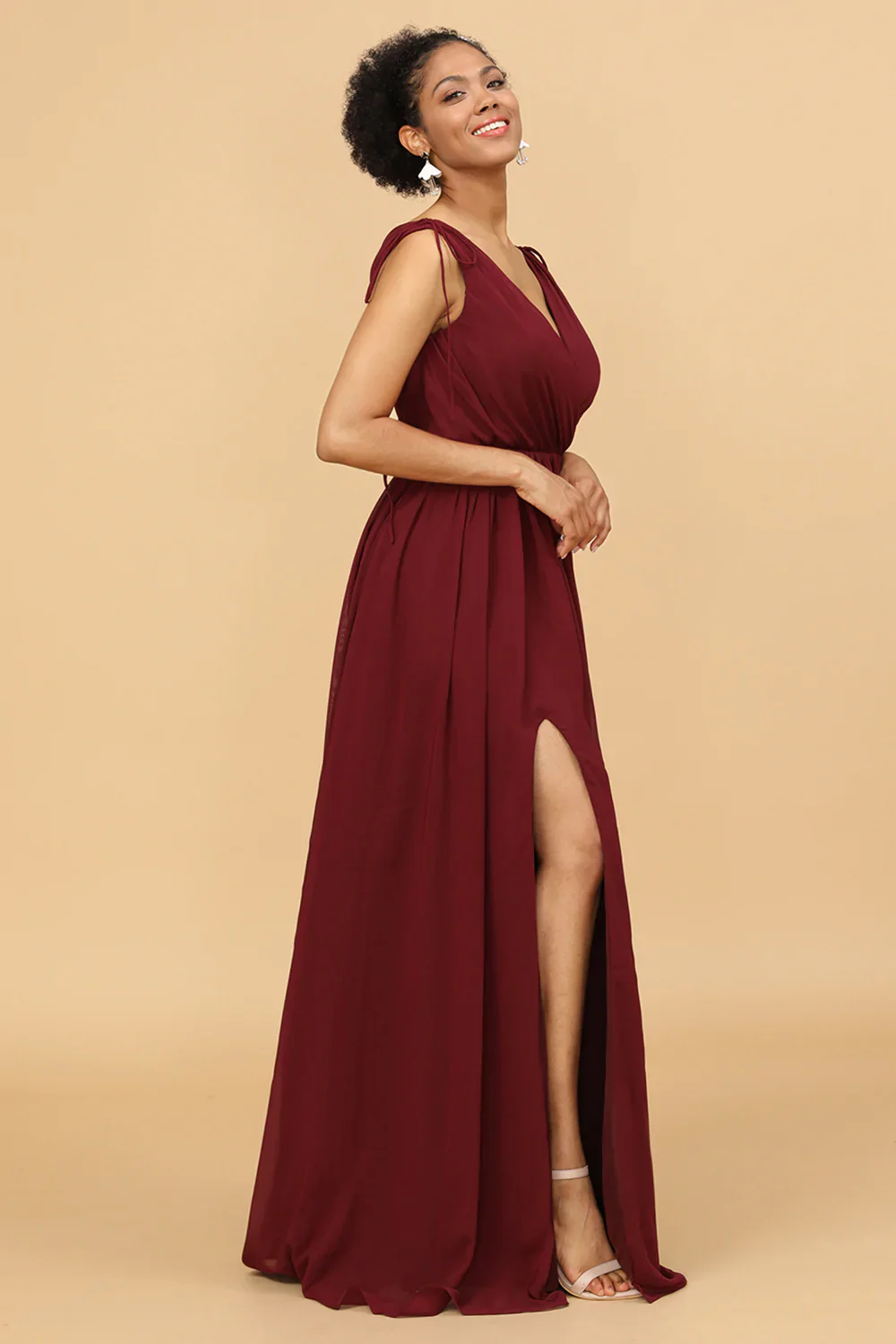 Burgundy V-Neck Lace Up Bridesmaid Dress With Slit - JUORTHO