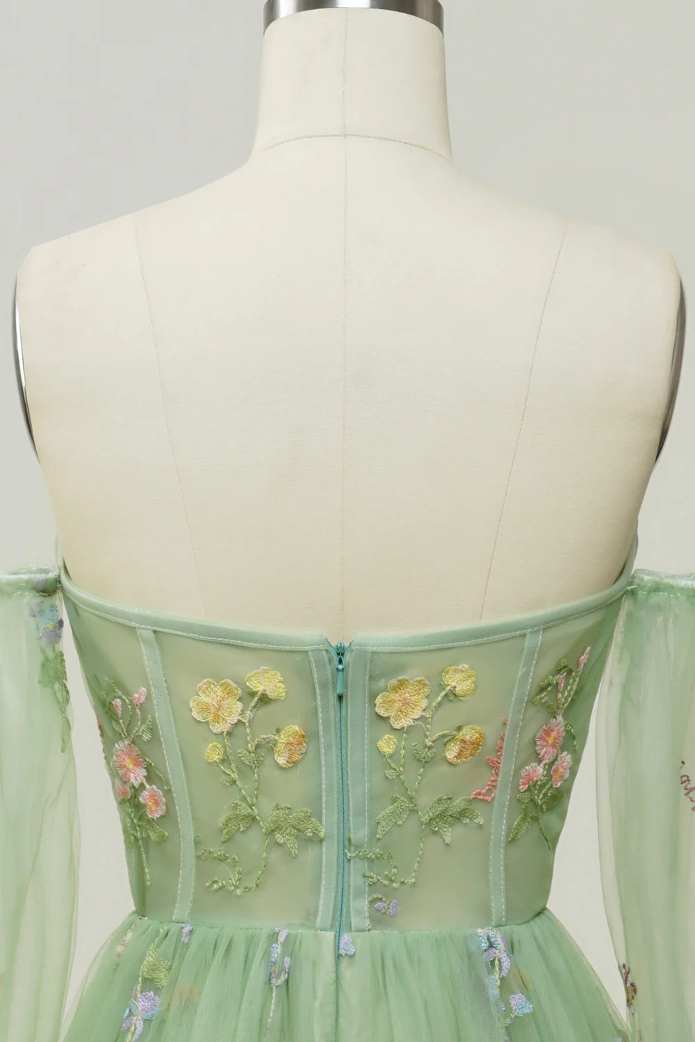 Green Off Shoulder Floral Long Prom Dress - JUORTHO