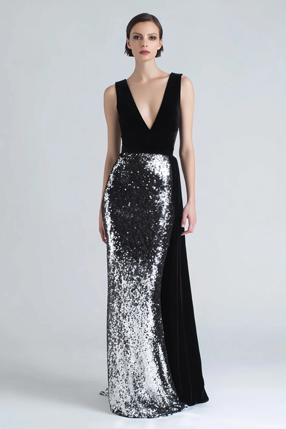 Sparkly Black and Silver Mermaid Long Holiday Party Dress with Side Cape - JUORTHO
