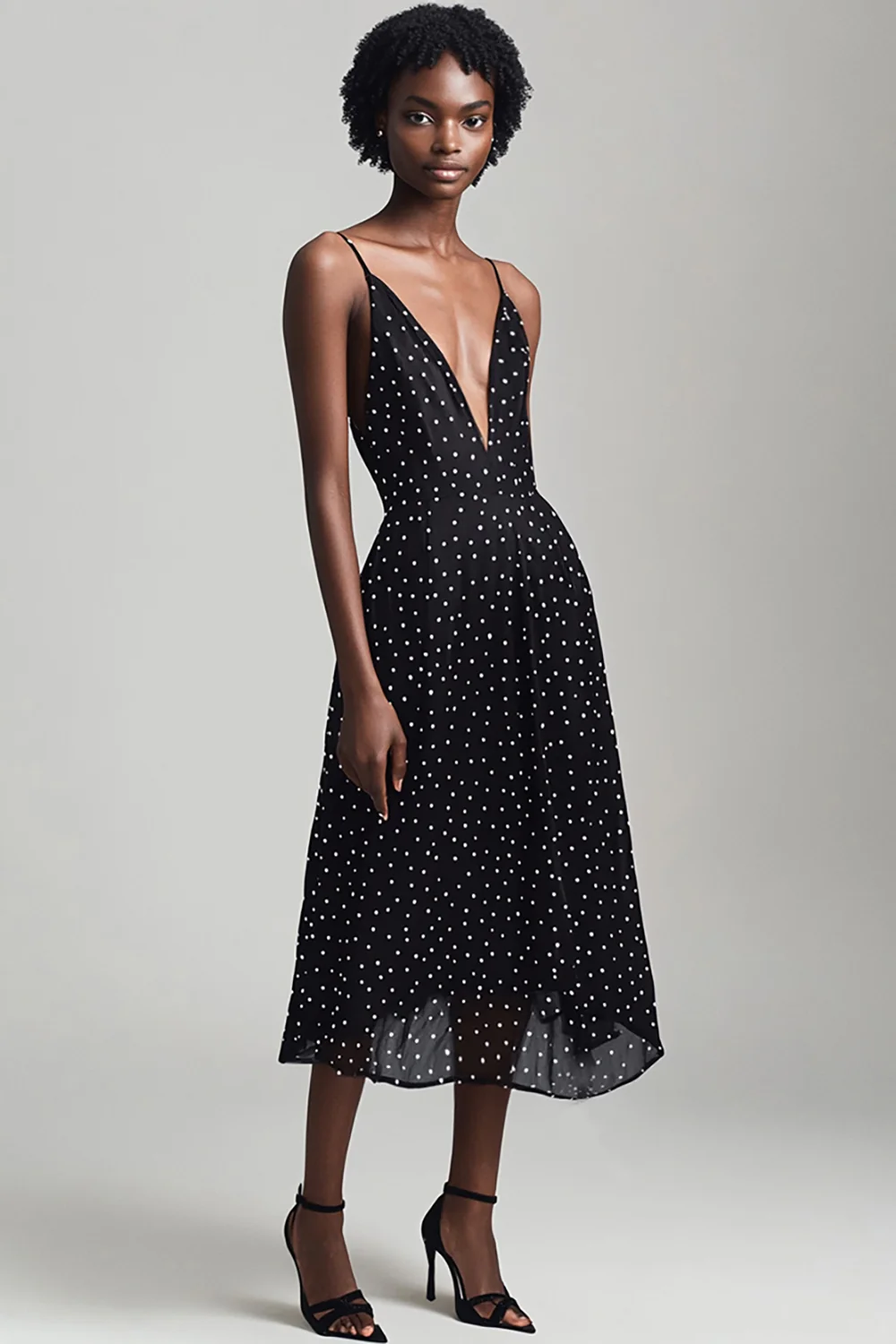 Boho Chiffon Black and White A Line Deep V-Neck Maxi Polka Dot Dress - JUORTHO