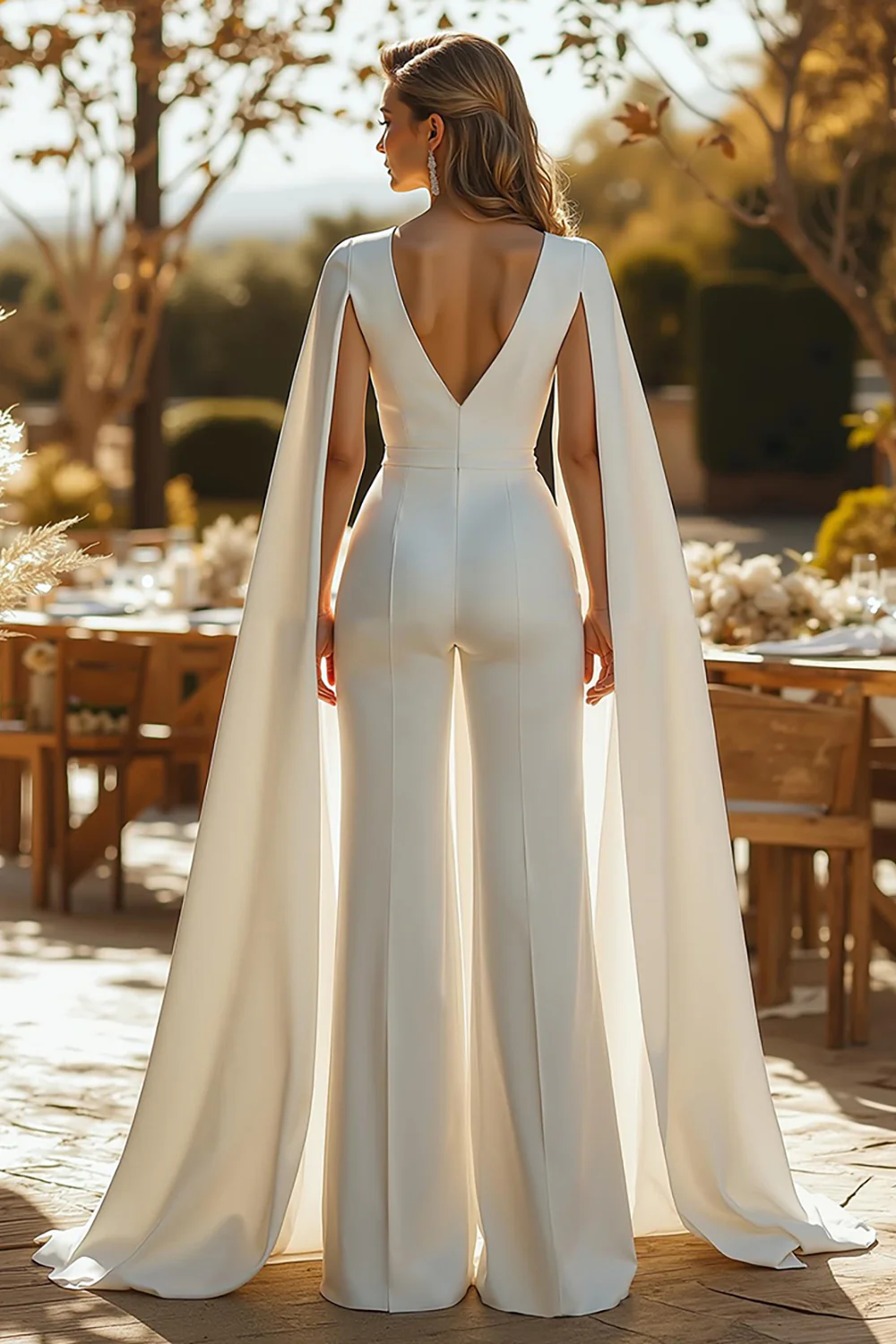 Ivory Deep V-Neck Fitted Bridal Jumpsuits with Cape - JUORTHO