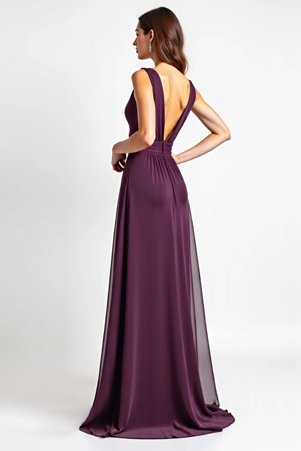 Purple Deep V-Neck Chiffon Long Bridesmaid Dress with Slit - JUORTHO