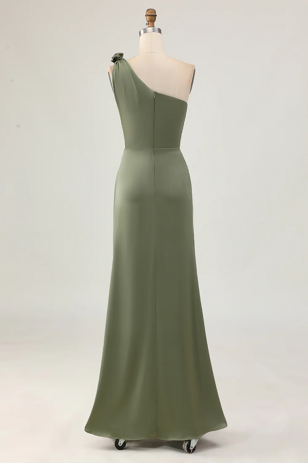 Sheath Olive One Shoulder Long Bridesmaid Dress with Slit - JUORTHO