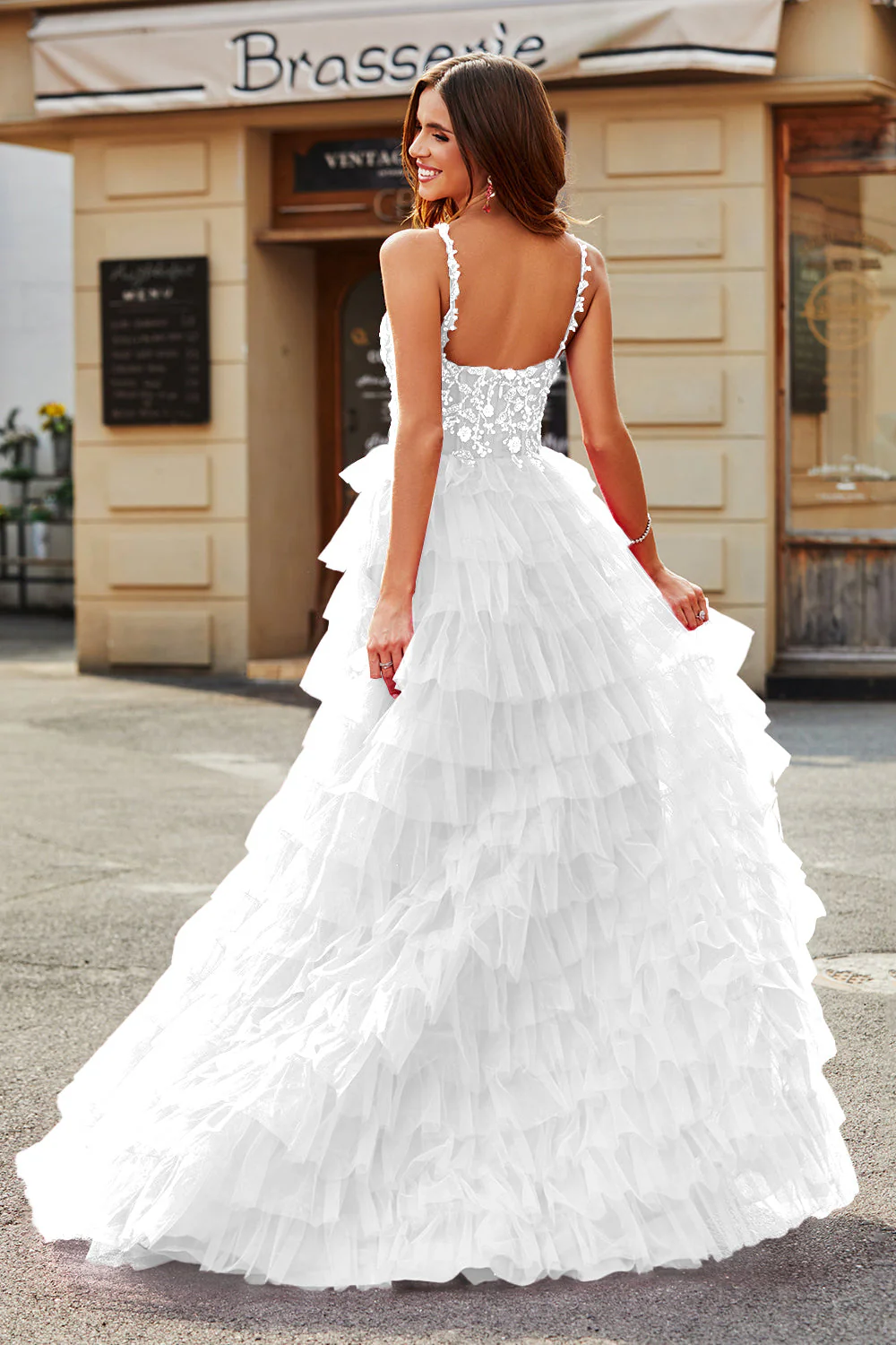 A-Line Spaghetti Straps White Tiered Wedding Dress with Slit - JUORTHO