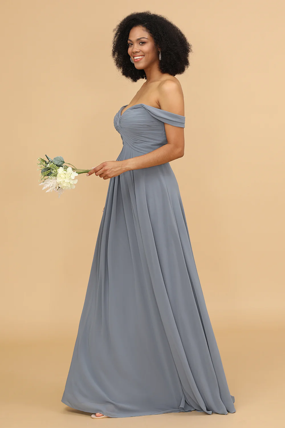 Off The Shoulder Grey Blue Bridesmaid Dress - JUORTHO