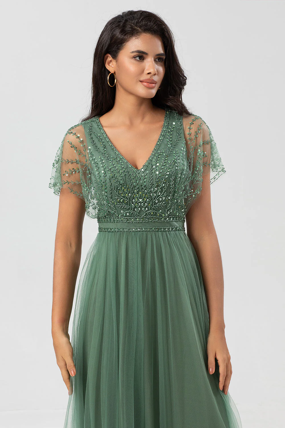Epitome of Romance A-Line V Neck Eucalyptus Long Bridesmaid Dress with Beading - JUORTHO
