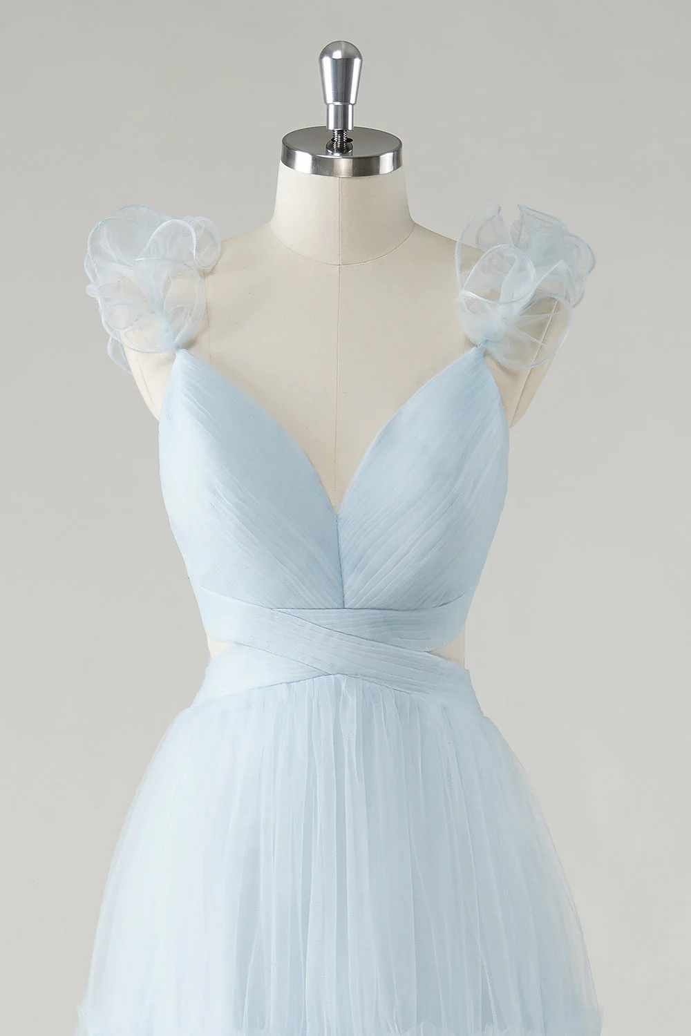 Sky Blue A-Line Ruffles Straps V-Neck Tulle Long Bridesmaid Dress - JUORTHO