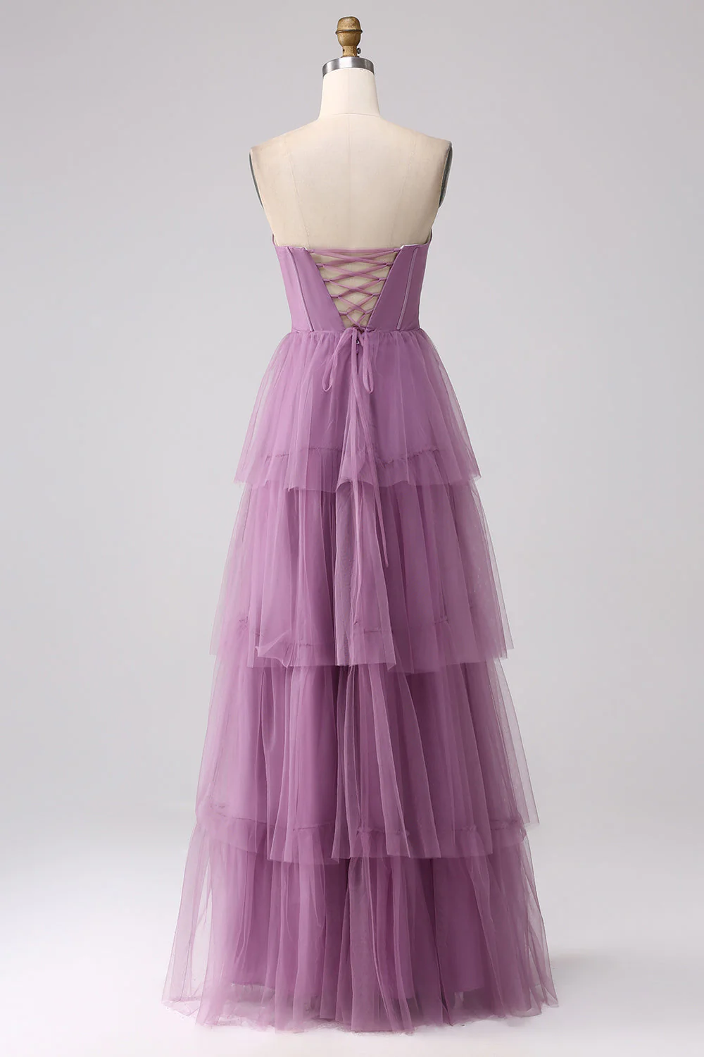 Purple A Line Tulle Tiered Pleated Long Prom Dress with Slit - JUORTHO