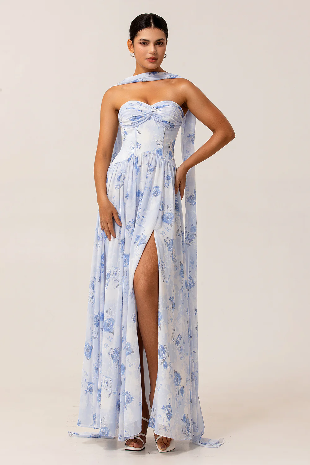 Blue Corset Floral Neck Scarf Long Wedding Guest Dress with Slit - JUORTHO