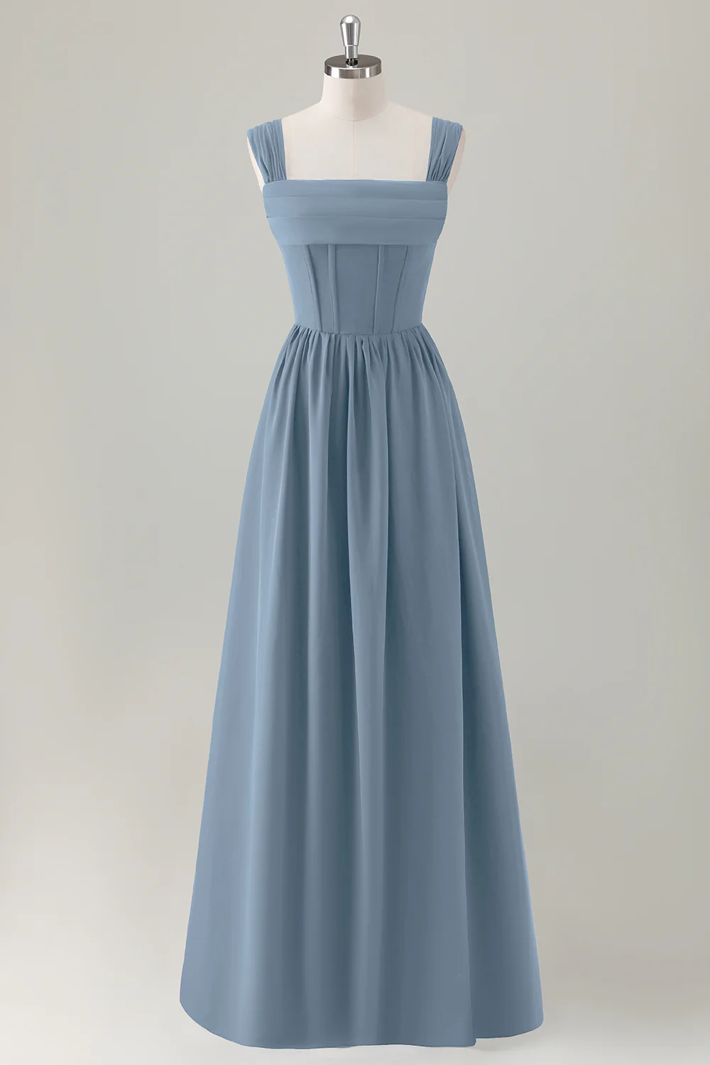 Dark Blue A-Line Square Neck Corset Long Bridesmaid Dress with Lace Up Back - JUORTHO